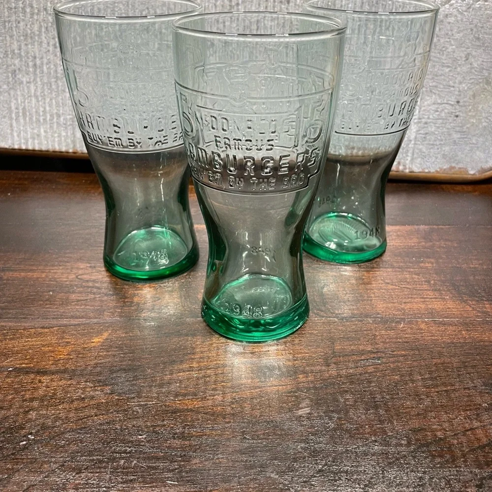 3 Bundle Vintage Famous 15 cent Hamburger McDonalds 1948 Green Glass‎ Cup